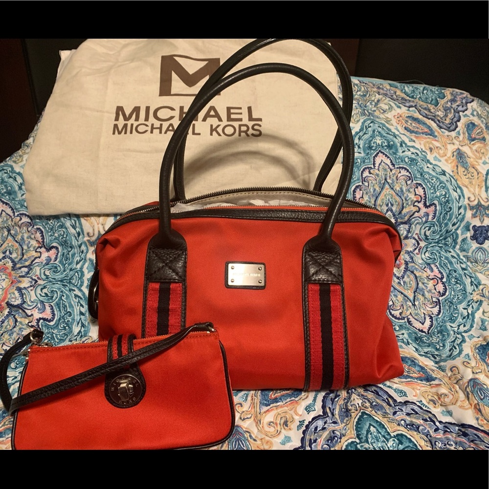 michael kors red montauk II shoulder satchel nylon with leather trim